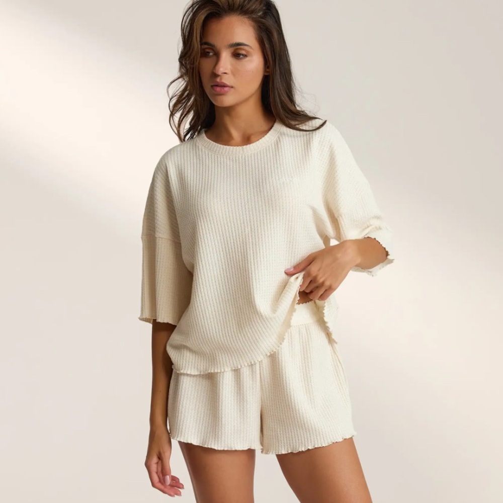 Waffle Knit Short-Sleeve Lounge Set - Cream